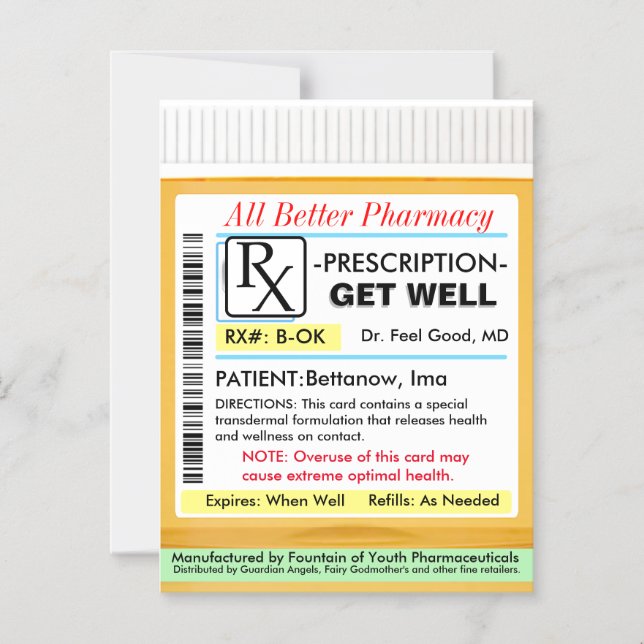 RX Prescription for Health Get Well Card (Front)