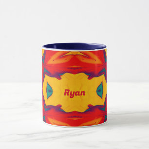 RYAN ~ Zany 3D Pattern ~ Red Blue Yellow Orange Mug