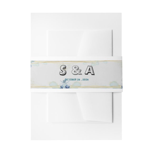 S & A Minimalist Blue Floral Wedding Belly Band Invitation Belly Band (Front Example)