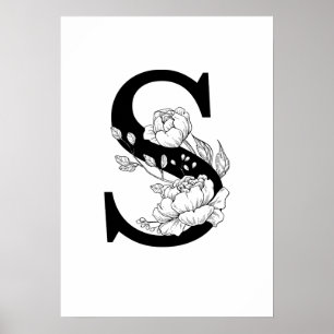 S botanical monogram. Letter initial with peonies Poster