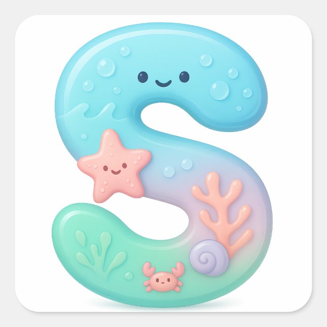 "S" Cute Letter - Underwater Sea Creature Square Sticker (Front)
