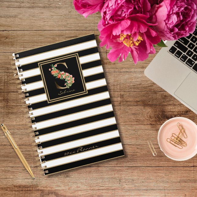 S Gold Floral Monogram | Black White Gold Stripes Planner (Creator Uploaded)