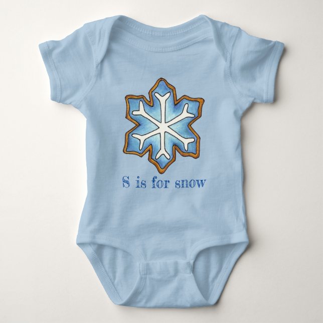 S is for Snow Blue Winter Holiday Snowflake Cookie Baby Bodysuit (Front)