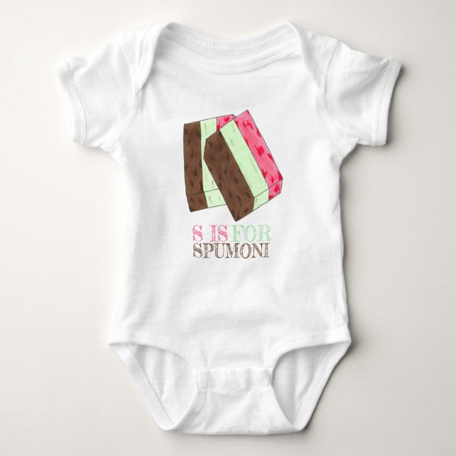 S is for SPUMONI Italian Ice Cream Gelato Dessert Baby Bodysuit (Front)