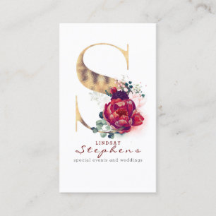 S Monogram Burgundy Red Flowers and Gold Glitter Business Card
