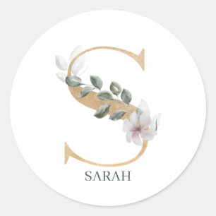 S Monogram Floral Personalised Classic Round Sticker
