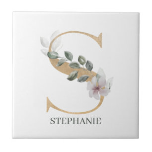 S Monogram Floral Personalised Tile
