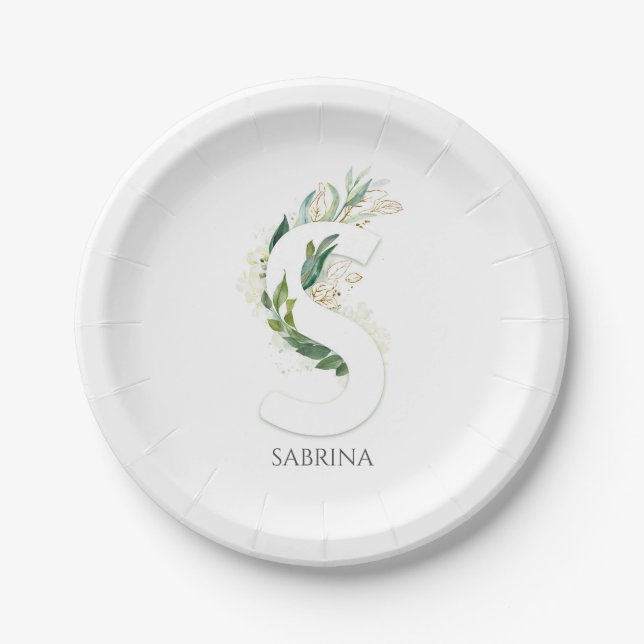 S Monogram Gold Greenery Leaves Elegant Name Paper Plate (Front)