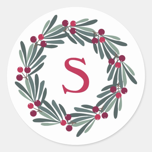 “S” Monogram Holly Berry Wreath Classic Round Sticker (Front)