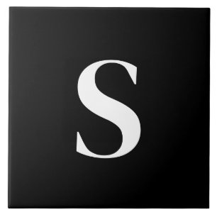 S Monogram Initial White on Black Tile