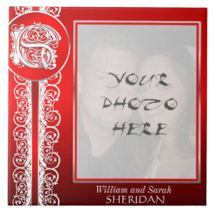 S Monogram "White Lace on Red" with Photo - Tile