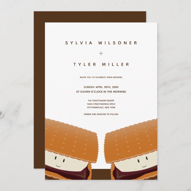 S’more Illustration Wedding White Brown Vertical Invitation (Front/Back)
