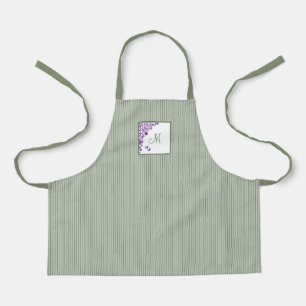 S Sage Green Stripe Purple Floral Script Monogram Apron