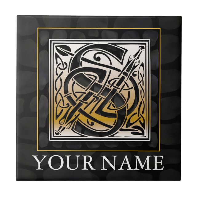 S "Your Name" Celtic Black Stone Monogram Tile (Front)