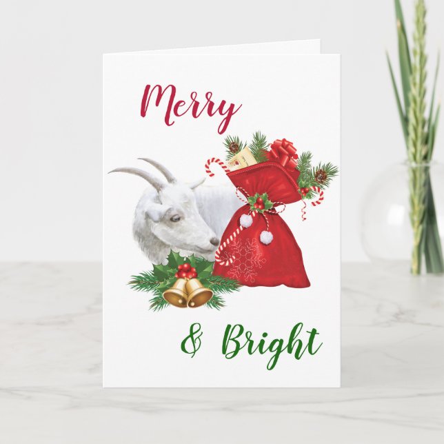 Saanen Goat Merry & Bright Holiday Card (Front)