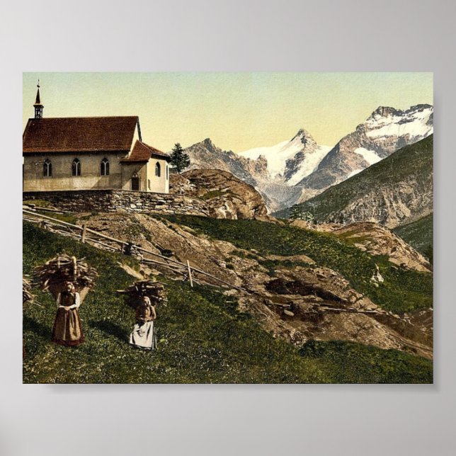 Saas Fee, church and Rimpfischhorn, Valais, Alps o Poster (Front)