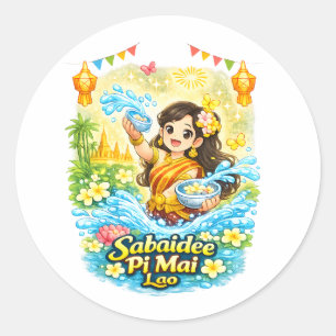 Sabaidee Pi Mai – Cute Lao Girl Water Festival Shi Classic Round Sticker