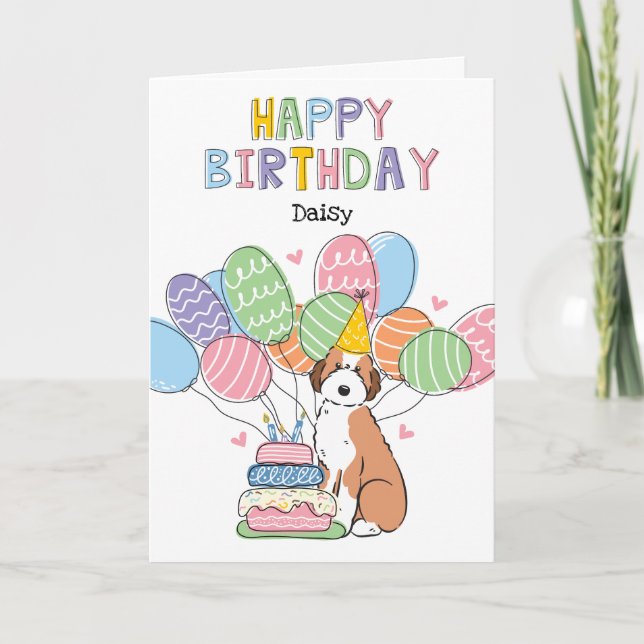 Sable Aussiedoodle Dog Happy Birthday Card (Front)