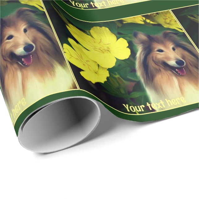Sable Collie And Yellow Flowers Personalised Wrapping Paper (Roll Corner)