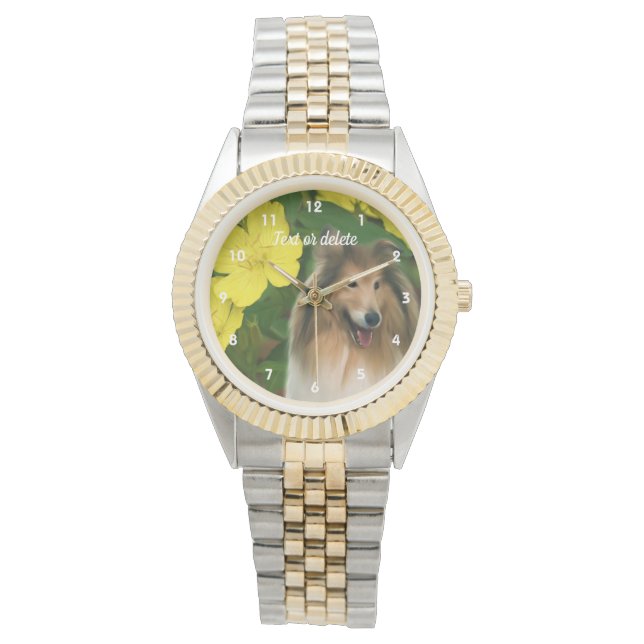 Sable Collie Dog And Yellow Flowers Personalised Watch (Front)