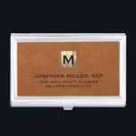 Sable Leather Luxury Gold Initial Logo Business Card Holder<br><div class="desc">Simple modern luxury design with brushed metallic gold initial logo medallion with personalised name,  title,  company name or custom text below in classic block typography on a sable brown leather textured background. Personalise for your custom use.</div>