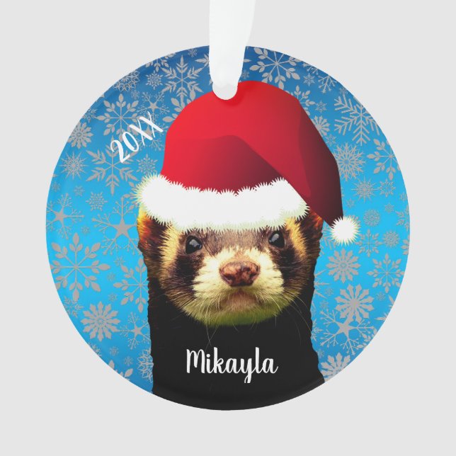 Sable Pet Ferret in Santa Hat Ornament (Front)
