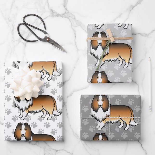 Sable Rough Collie Cute Cartoon Dog Pattern Wrapping Paper Sheet (Front)