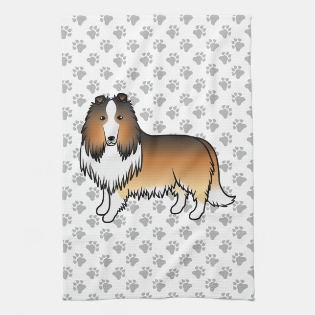 Sable Rough Collie Cute Cartoon Dog & Paws Tea Towel (Vertical)