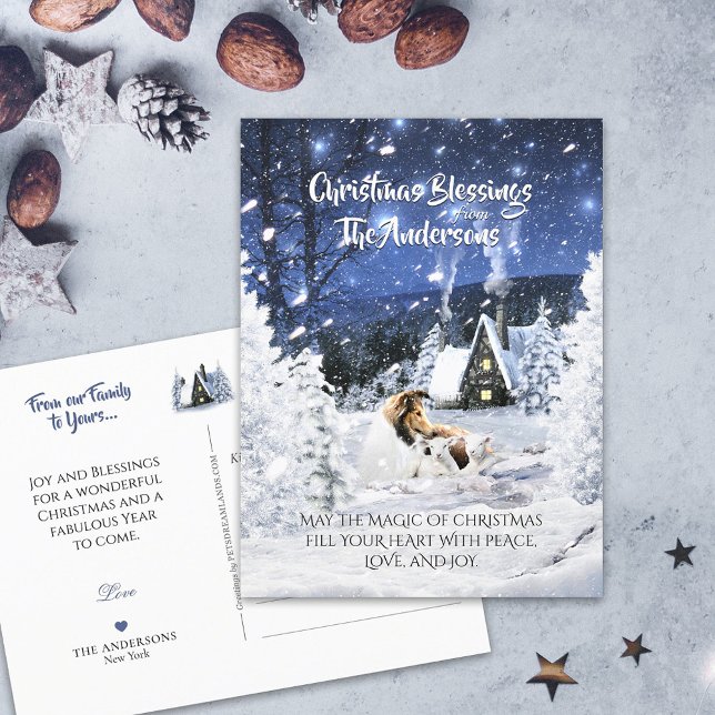 Sable Rough Collie & Lamb, Magic White Christmas - Postcard (Creator Uploaded)