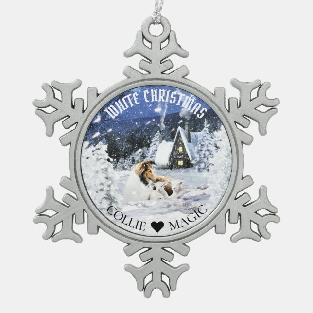 Sable Rough Collie & Lambs in Magic Snowy Night - Snowflake Pewter Christmas Ornament (Front)