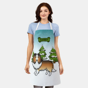 Sable Sheltie Cartoon Dog In Winter & Name Apron