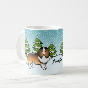 Sable Sheltie Cartoon Dog In Winter & Name Coffee Mug