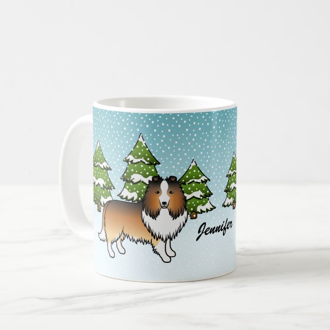 Sable Sheltie Cartoon Dog In Winter & Name Coffee Mug (Front Left)