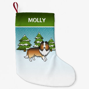 Sable Sheltie Cartoon Dog In Winter & Name Small Christmas Stocking