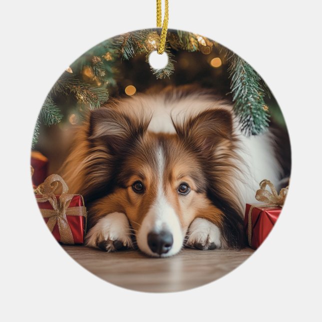 Sable Sheltie Christmas Ceramic Tree Decoration (Front)
