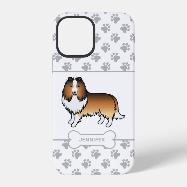 Sable Sheltie With Paws, Dog Bone & Name iPhone Case (Back)