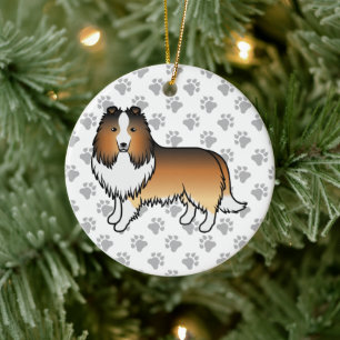 Sable Shetland Sheepdog Cartoon Dog & Paws Ceramic Tree Decoration