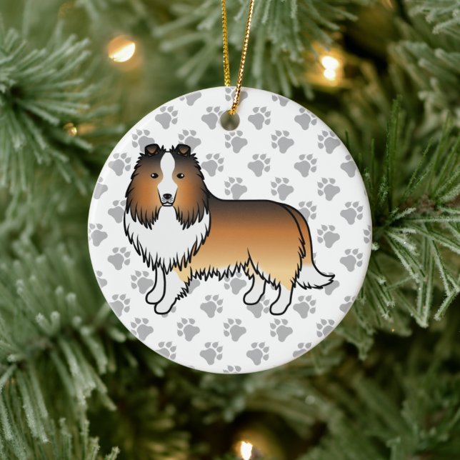 Sable Shetland Sheepdog Cartoon Dog & Paws Ceramic Tree Decoration (Tree)