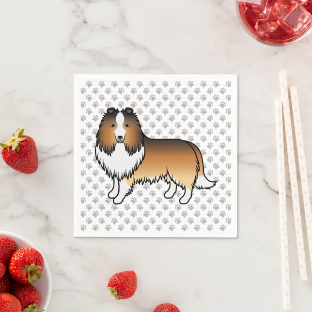 Sable Shetland Sheepdog Cartoon Dog & Paws Napkin (Insitu)