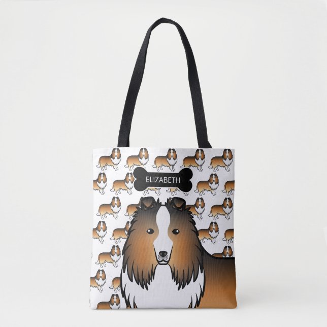 Sable Shetland Sheepdog Dog And Bone & Name Tote Bag (Front)