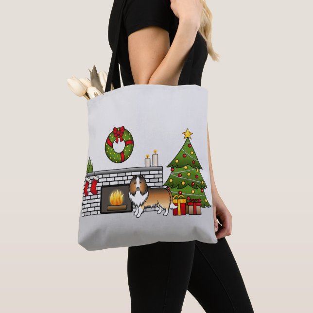 Sable Shetland Sheepdog Dog In A Christmas Room Tote Bag (Close Up)