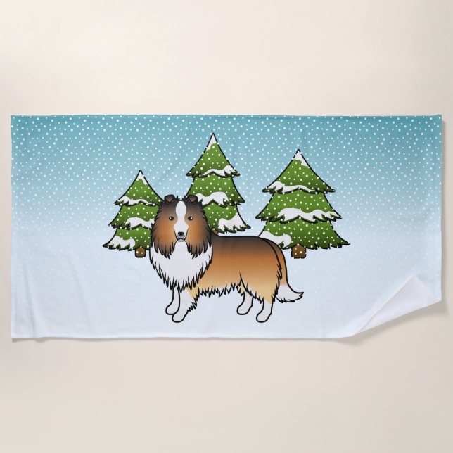 Sable Shetland Sheepdog In A Winter Forest Beach Towel (Front)