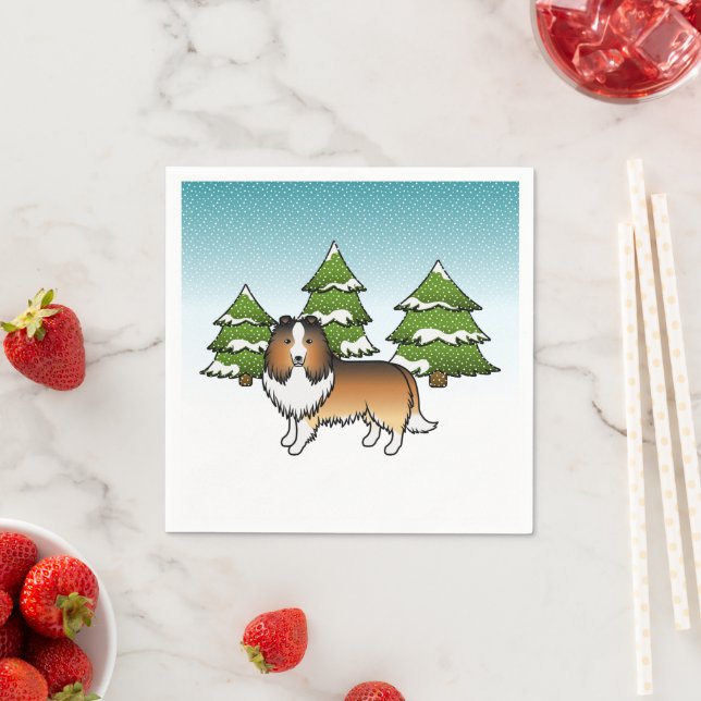 Sable Shetland Sheepdog In A Winter Forest Napkin (Insitu)