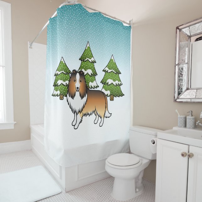 Sable Shetland Sheepdog In A Winter Forest Shower Curtain (In Situ)