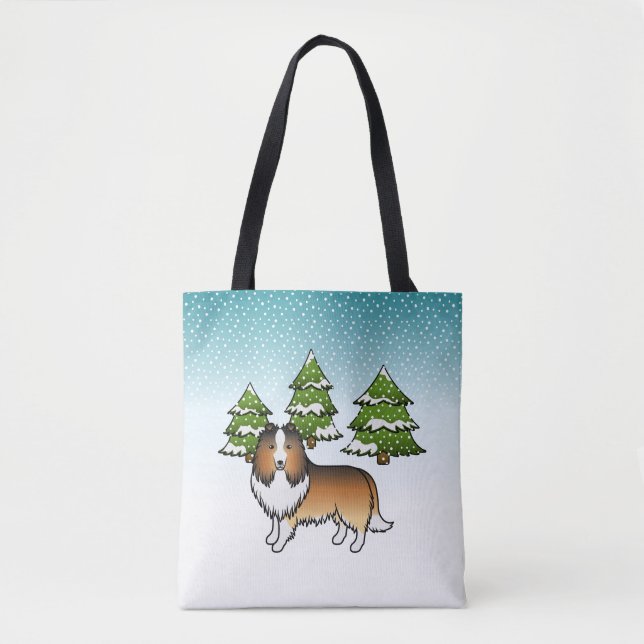 Sable Shetland Sheepdog In A Winter Forest Tote Bag (Front)