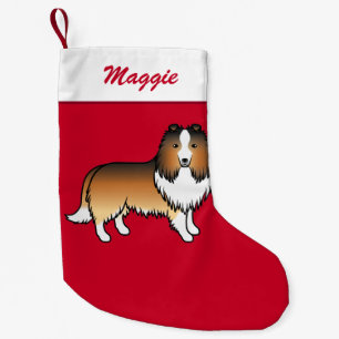 Sable Shetland Sheepdog Sheltie On Red & Name Small Christmas Stocking