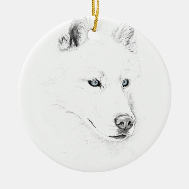 Sabre A Siberian Husky Drawing Art Blue Eyes Ceramic Tree Decoration (Front)