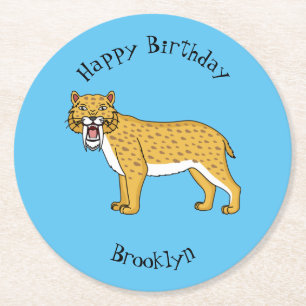 Sabre-toothed tiger illustration round paper coaster