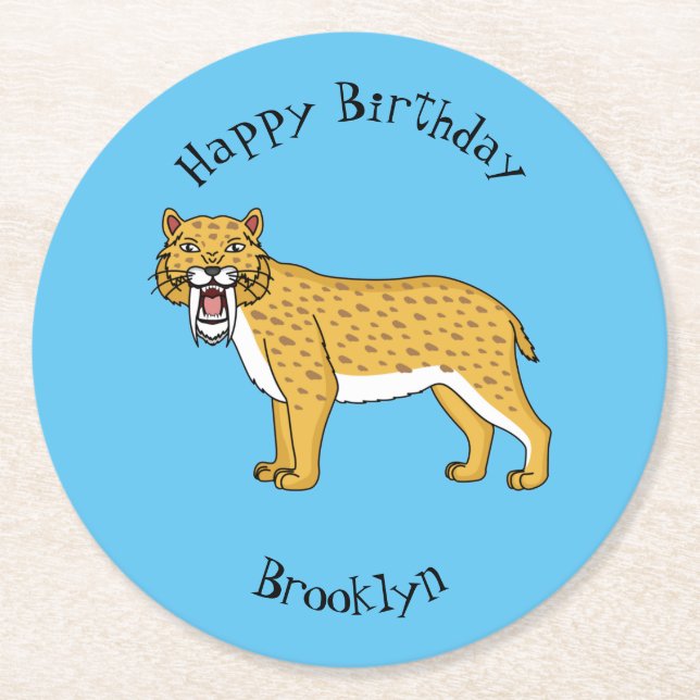 Sabre-toothed tiger illustration round paper coaster (Front)