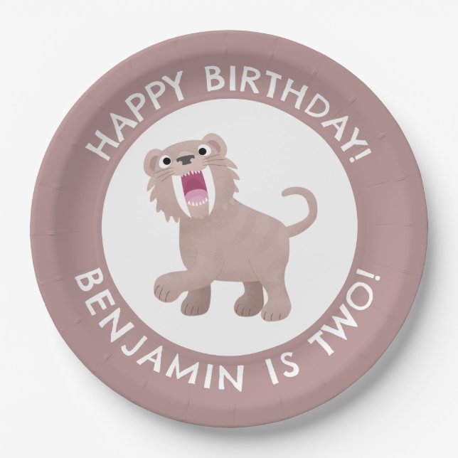 Sabre Toothed Tiger Smilodon personalised birthday Paper Plate (Front)